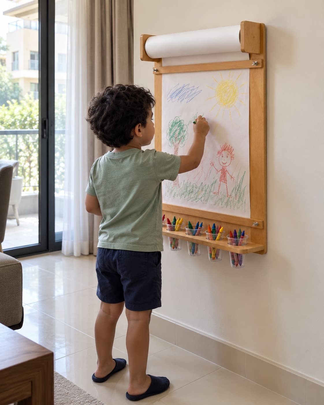 تصور لطفل يرسم على ورق مرسم الحائط داخل غرفة معيشة بإضاءة طبيعية